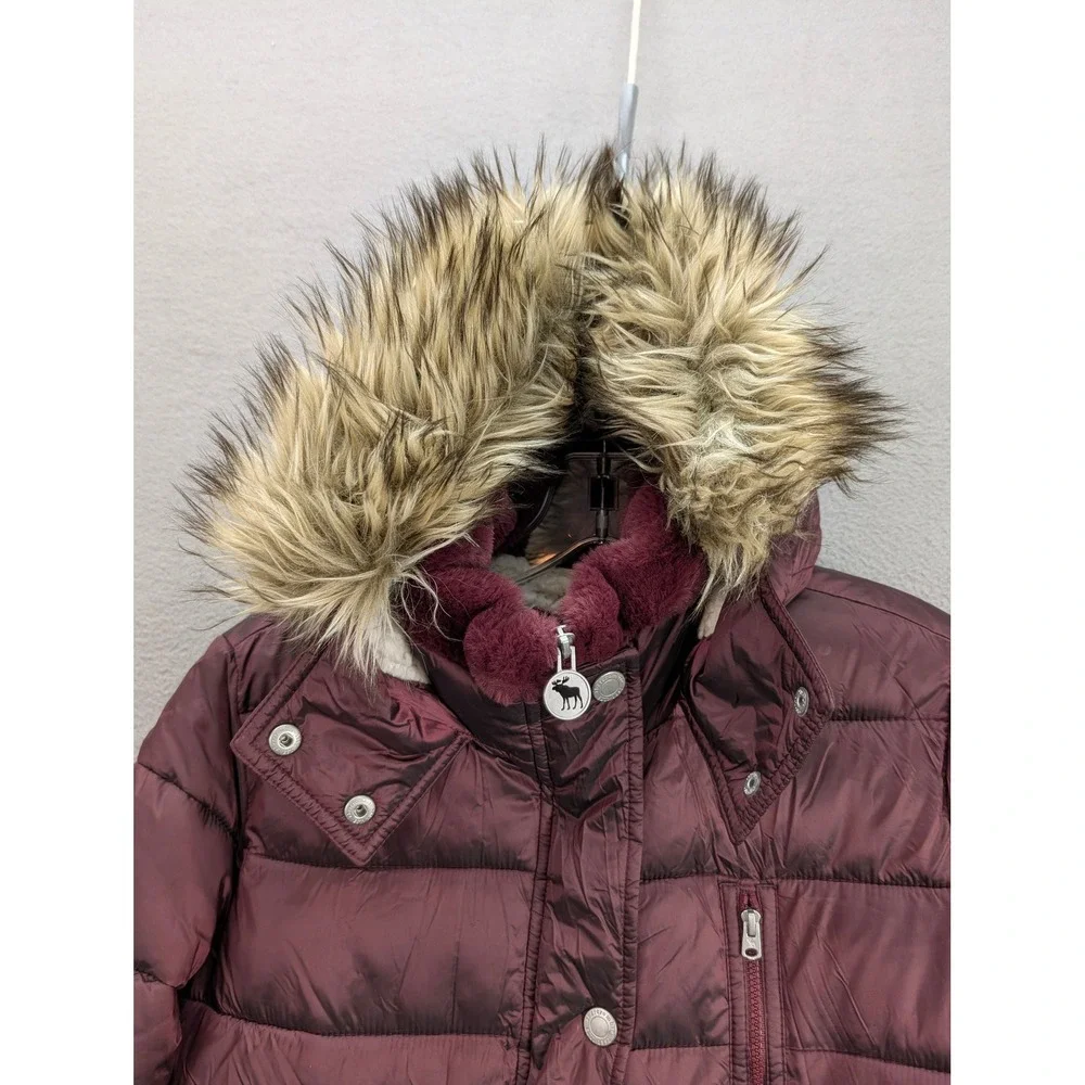 Abercrombie Kids Girls Puffer Coat Hooded Faux Fur Trim Maroon Size 15/16 Winter